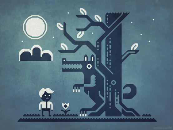 Fairy-tale artwork in a graphic style, showing a little boy at night, being watched by a big wolf behind a tree.