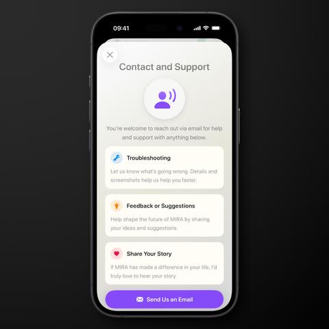 Smartphone screenshot of the contact and support page for MIRA app in light mode.