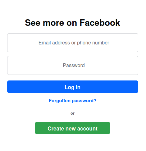Screenshot of the 'See more on Facebook' popup, which prevents browsing the site further without logging in.