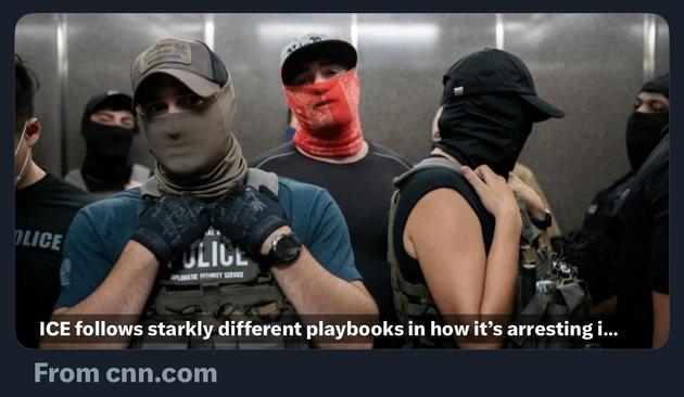 A group of ICE agents wearing masks and tactical gear stands inside an elevator. They are well-equipped and display a serious demeanor. The image suggests a law enforcement context, specifically related to immigration enforcement.