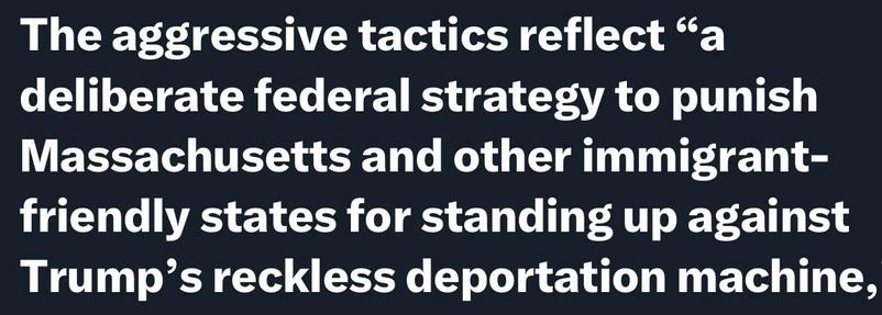 Text excerpt discussing aggressive federal tactics as a strategy against immigrant-friendly states in relation to Trump's deportation policies.