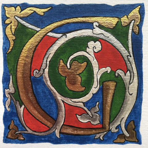 Golden G letter with ornaments in a medieval style.