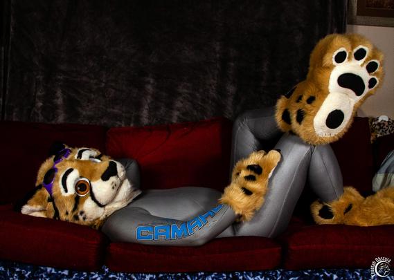 Photo of Obscura in fursuit partial and wearing a silver Camaro wetsuit lounging on a sofa showing off a footpaw