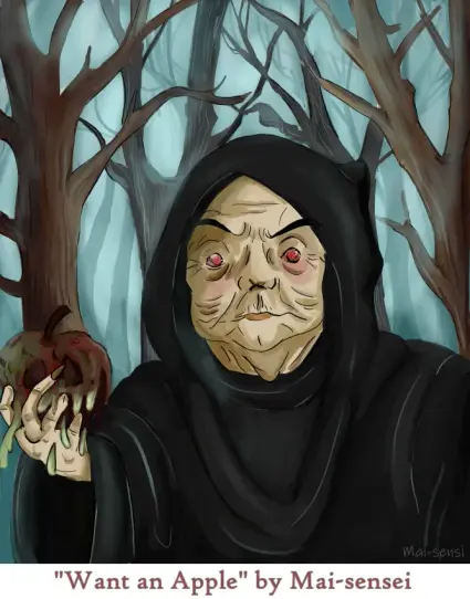 Witch with flat face and red marble eyes offers a rotting apple. Bare trees behind her.