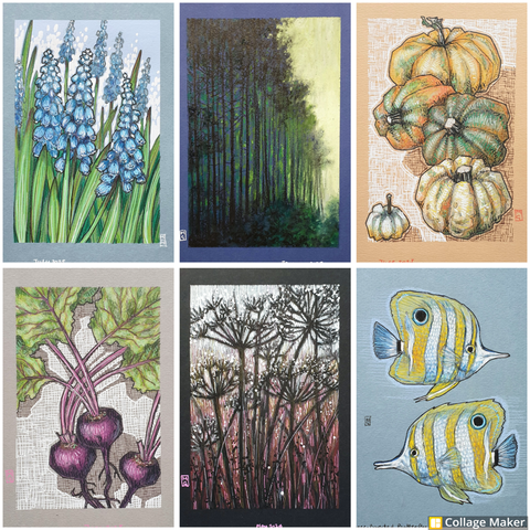 A photo collage of some of my available artwork: 
Blue grape hyacinth, a moody landscape of a forest edge, a group of pumpkins, beetroot, silhouettes of cow parsley and butterfly fish.