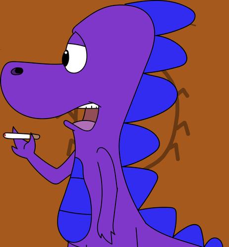 2022: A drawing of my dragon hatchling OC Flosshead (who is named such because his father is a moron) smoking a cigarette.

He has purple scales with a blue belly and back spikes.