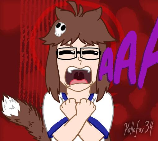 2023: A drawing of Candi Carminucci, my catgirl OC, screaming in fear. She is wearing a white T-shirt with a navy trim, her mouth is wide-open, her eyes are shut, her brown tail (with a white tip) is puffed up, and her ears are back.

She has brown hair with a skull barrette on the right side, and her cat ears are folded back. She is clutching her arms together.