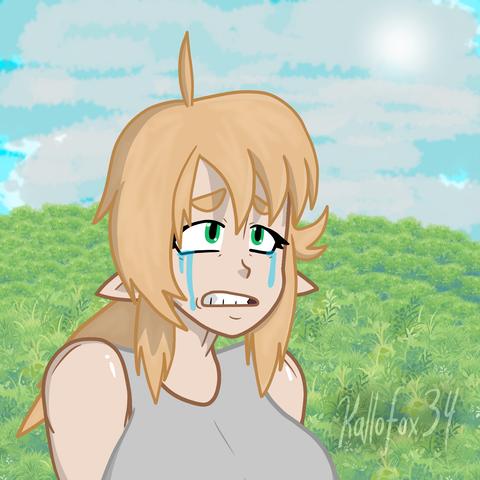 2023: A drawing of my elf OC, Celia Arwen, standing in a grassy field and crying.

She has green eyes, messy blonde hair with a long, thick ponytail, a grey tank top, and her ears are drooping down.

The sky behind her is mostly cloudy, and the sun is barely visible behind the clouds.