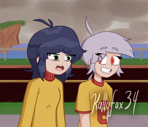 2025: A drawing of two new OCs, Sara Pen and Ada O'Doherty, walking on a seaside road.

Sara (left) has dark, medium-length blue hair, dull but light-green eyes, a yellow turtleneck with a red neck, and her mouth is open, seemingly sighing.

Ada (right) has short lavender hair, red eyes/pupils, a small ponytail, and a yellow jersey with a red "6" on it.

In the background is a black road with double yellow lines, and a rail on the edge, where one can see a view of the sea. Further back is a grassy cliff. The sky is dark and overcast, although it is daytime.