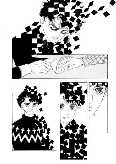 Manga panel: a sad and troubled young man is defragmented into black squares, after someone touches his hand he's started reassembling