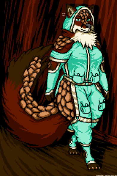 Archantael, a fox woman with pangolin scales on her head, shoulders, elbows, thighs and tail, walks down an alley at night in bright teal techwear with off-white trimming and a smile on her face. She is wearing a short-sleeved zip-up hoodie with pouches on the front, cut to expose the shoulder scales, with her huge neck fluff free; long fingerless gloves cut to expose her elbow scales; cargo pants with straps around the legs and a skirt in the back, cut to show her thigh scales; and boots cut to expose the ankles and toes of her digitigrade feet.