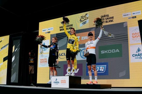 Le podium du Tour de France Femmes, le 3 août 2025 : Demi Vollering (FDJ-Suez), Pauline Ferrand-Prévot (Team Visma | Lease a Bike) et Katarzyna Niewiadoma (Canyon//SRAM zondacrypto) - Photo : ASO/Jennifer Lindini