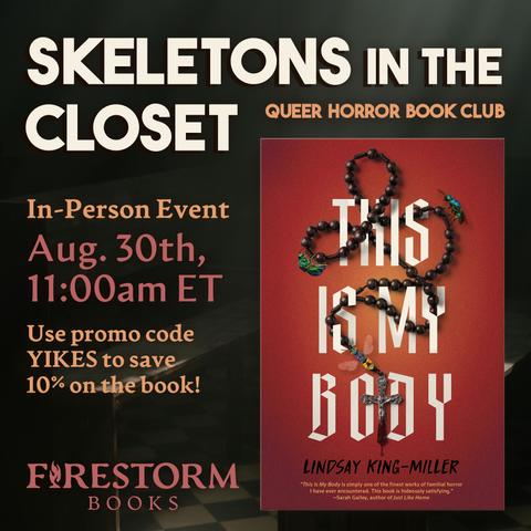 A promotional graphic for a queer horror book club on August 30th at 11am ET is set against an unsettling image of a dark room with checkered tile. The image features the orangey red cover of "This is My Body" from Quirk Books. The cover features an illustrated rosary looped around the title. Insects climb the rosary.
