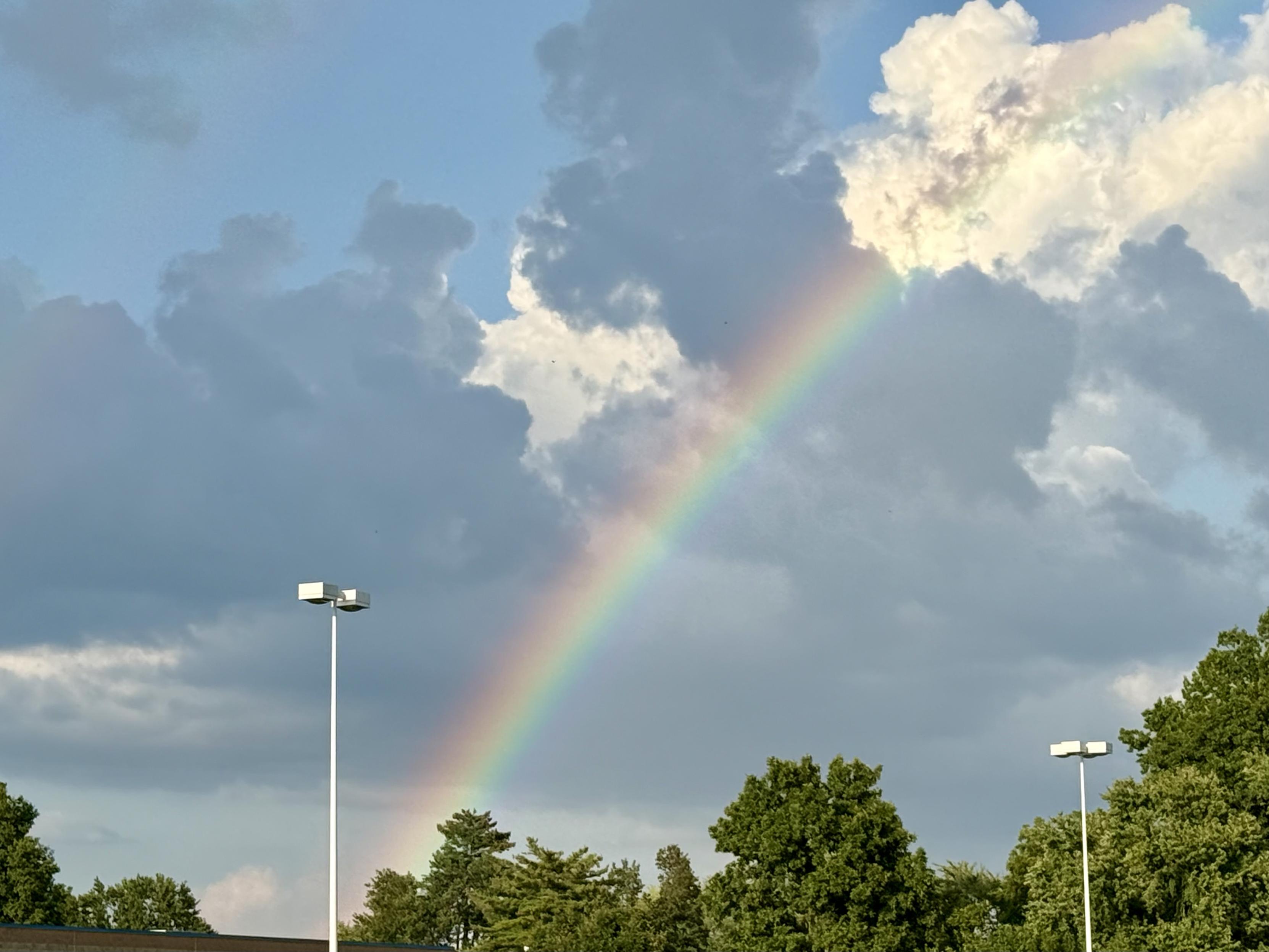 A rainbow spanning the field of view, with fluffy clouds, some trees, and a couple of parking lot light poles.