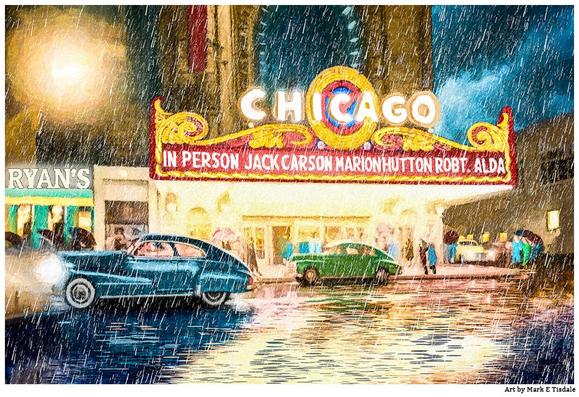 Digital art showing the Chicago Theatre at night in the rain. Period 1940's cars and people on the sidewalks.