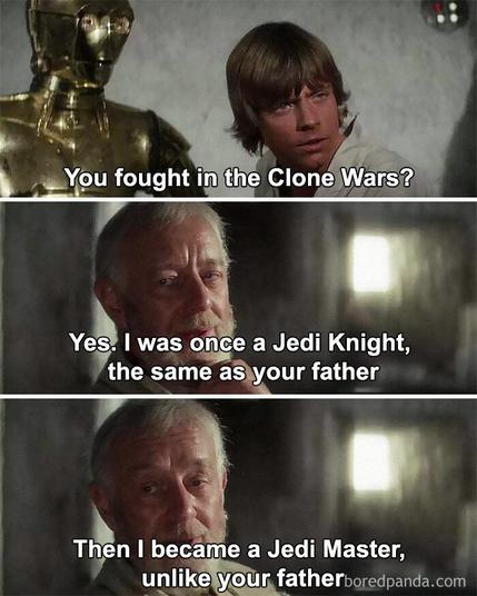 Luke: you fought in the clone wars?

Obiwan: yes u was one a Jedi knight, same as your father. 

Obiwan: the I became a Jedi master, unlike your father