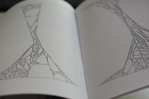 Two facing pages of the chapbook Algorithmic Drawings, III by Matthew M. Conroy showing black line drawings on white paper.