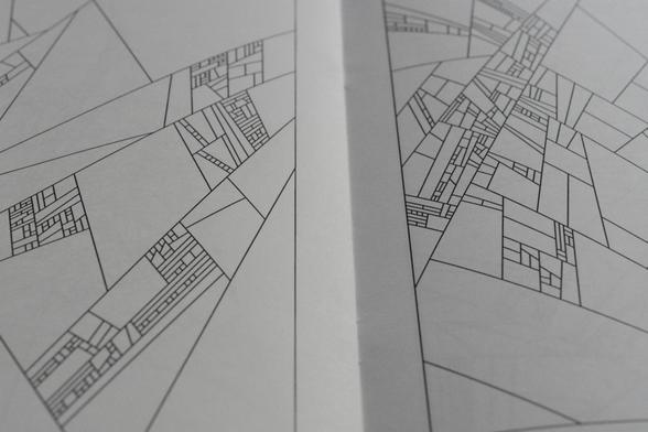 Two facing pages of the chapbook Algorithmic Drawings, III by Matthew M. Conroy showing black line drawings on white paper.