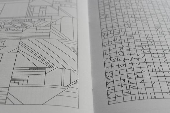 Two facing pages of the chapbook Algorithmic Drawings, III by Matthew M. Conroy showing black line drawings on white paper.