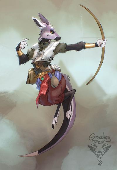 a faded-purple Kangaroo leaping into the air and loosing an arrow. They are wearing a tan undershirt with a metal breastplate, and striking red pants with an affixture of various bags, trinkets, and vials.