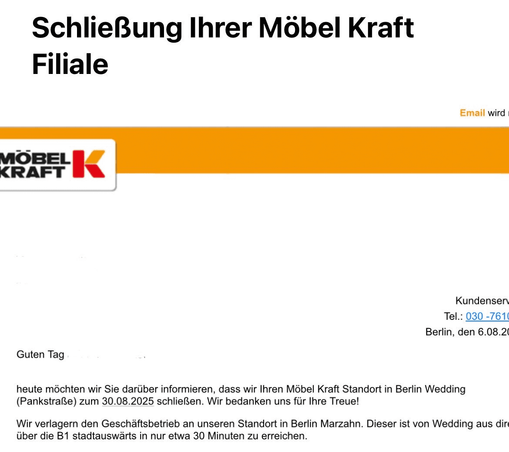 E-Mail von Möbel Kraft zur Schließung der Filiale