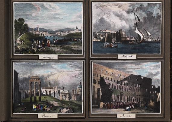 „Firenze“, „Napoli“ und zweimal „Roma“, aquarellierte Lithografien um 1850