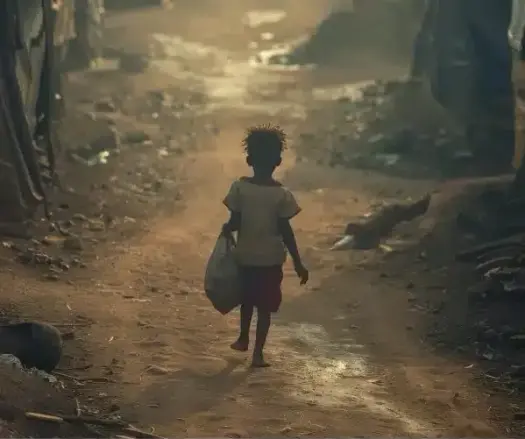 Photorealistic image of a child in a refugee camp