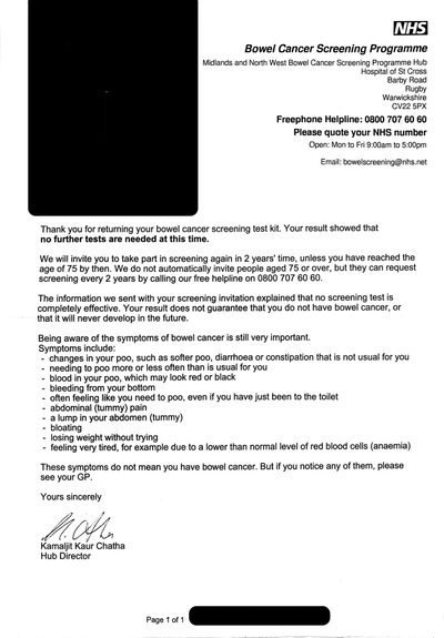 A letter from NHS UK to me giving the results of my bowel cancer screening. All clear, test again in two years.
