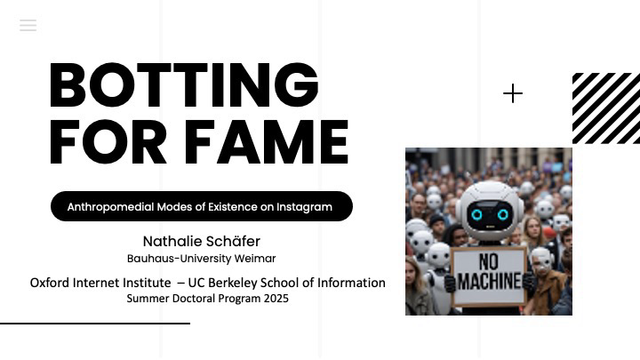 This shows the title page of my presentation with the title, my name and affiliation and an AI generated image of a robot with a sign saying „no machine“ and a crowd of humans, robots and cyborgs in the background.