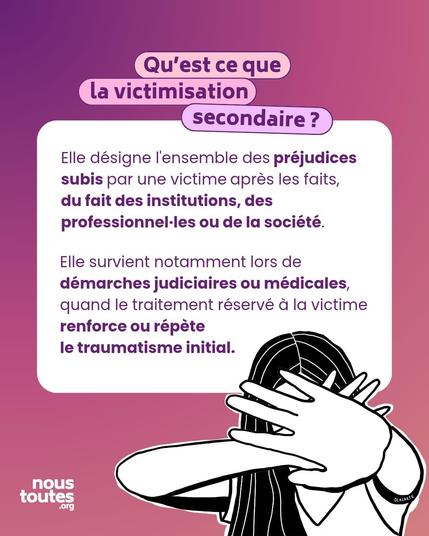 Titre : Qu'est-ce que la victimisation secondaire ?

Texte : Elle désigne l'ensemble des préjudices subis par une victime après les faits, du fait des institutions, des professionnellEs ou de la société
Elle survient notamment lors de démarches judiciaires ou médicales, quand le traitement réservé à la victime renforce ou répète le traumatisme initial.

Illustration : une personne qui se protège de ses mains, bras en avant. Ainsi, on ne voit que ses mains ouvertes devant son visage, et ses cheveux longs.