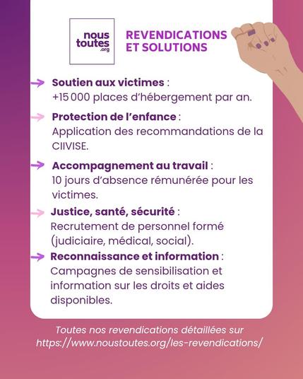 Titre : revendications et solutions 

Texte, sous forme de liste :

- Soutien aux victimes : ajouter 15 000 places d'hébergement par an.
- Protection de l'enfance : Application des recommandations de la CIIVISE.
- Accompagnement au travail : 10 jours d'absence rémunérée pour les victimes.
- Justice, santé, sécurité : Recrutement de personnel formé (judiciaire, médical, social). 
- Reconnaissance et information : Campagnes de sensibilisation et information sur les droits et aides disponibles.

Toutes nos revendications détaillées sur https://www.noustoutes.org/les-revendications/
