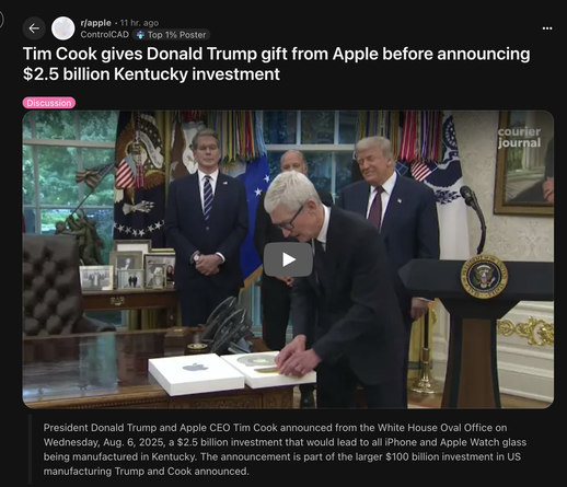 Tim Cook stands at the Resolute Desk in the Oval Office, presenting a boxed gift with a gold Apple logo to Donald Trump, who stands smiling in the background. Several other suited men observe the exchange. The presidential seal is visible on a podium, and the scene appears formal and staged for media. A chyron from “courier journal” is visible in the upper right corner.