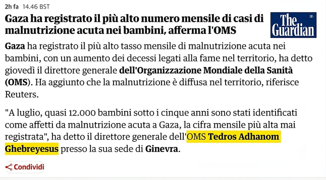 Screenshot di un articolo in italiano pubblicato da The Guardian, che riporta dati dell’Organizzazione Mondiale della Sanità (OMS) sulla crisi alimentare a Gaza. Il testo evidenzia che nel mese di luglio sono stati registrati quasi 12.000 casi di malnutrizione acuta tra bambini sotto i cinque anni, il numero mensile più alto mai rilevato nel territorio. L’articolo cita il direttore generale dell’OMS, Tedros Adhanom Ghebreyesus, e fa riferimento a un aumento dei decessi legati alla fame.