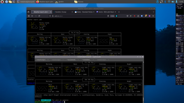 The image shows a computer desktop with a weather report application open in the foreground. The application displays detailed weather forecasts for the next few days, including temperature, precipitation, and cloud cover. The weather report is for Johan Adolph Peengel International Airport, located in Surabaya, Indonesia? (no SR/ SA). The application shows a mix of partly cloudy and light rain conditions, with temperatures ranging from 27Β°C to 30Β°C. The time displayed on the desktop is 13:49.
In the background, there is a web browser open with a weather report page titled "Weather report plm," and the URL "wttr.in" is visible. The desktop background features a serene image of a lake with trees, and the wallpaper is set to a blue gradient. The taskbar at the bottom of the screen shows various icons, including a file manager, a terminal, and a music player? The terminal window is open, displaying some text, and the music player is labeled "metalloddd." The desktop environment appears to be a BSD-based system, as indicated by the title bar.
Ovis2-8B
π± Energy used: 0.231 Wh
