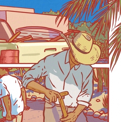 Two panels of a comic, detail of a larger page. The top panel shows part of a pickup truck with tools in the back. The lower panel show a man walking out of frame with a wheelbarrow. Overlayed on these two panels is a gardener, holding a shovel, with palm tree leaves in the right top corner.