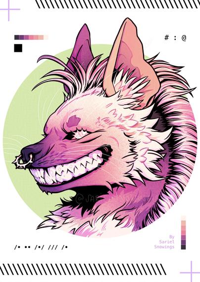 Digital portrait of an anthropomorphic striped hyena with a big toothy smile. On the bottom left of the page is the name “Nikon” written in morse code.