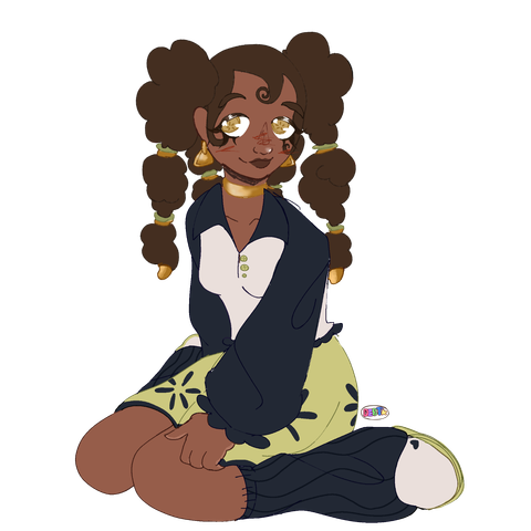 A digital drawing of a dark skinned girl sitting on the floor. She wears a teal and white top and a big green skirt with kiwi patterns. Her shoes are covered by large legwarmers, which are navy. Her hair is in bungles around her head, held together by glimmering gold charms.