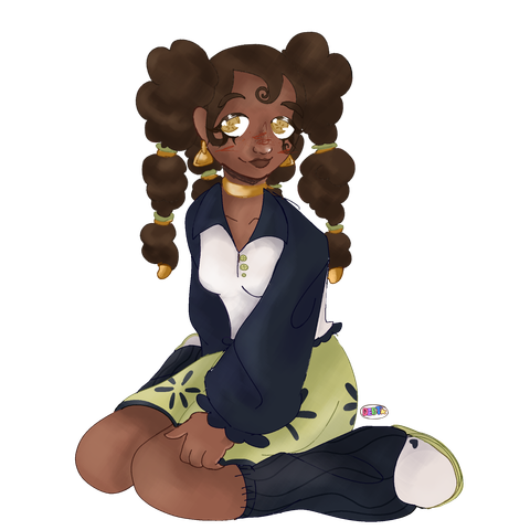 A digital drawing of a dark skinned girl sitting on the floor. She wears a teal and white top and a big green skirt with kiwi patterns. Her shoes are covered by large legwarmers, which are navy. Her hair is in bungles around her head, held together by glimmering gold charms.
