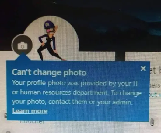 Screenshot from a profile page on some platform, there's a popup saying 'Can't change photo. Your profile photo was provided by your IT or human resources department. To change your photo, contact them or your admin.' The photo in question is Waluigi doing a flamboyant pose.
