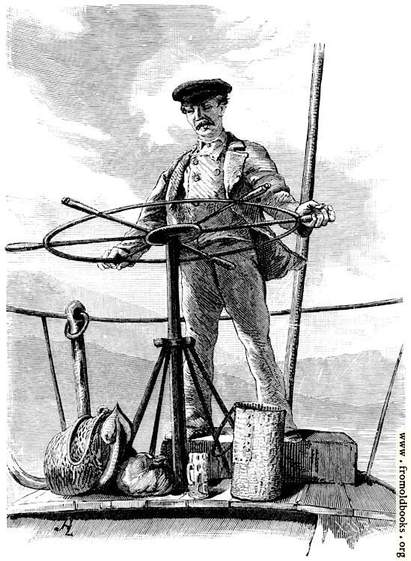 A man with a moustache is wearing a flat cap, a billowing jacket and button-up waistcoat, and has his hands on a horizontal wheel at the stern of a ship. There are various objects near his feet, including a tall mug and a round basket. He seems to be concentrating, or perhaps remembering a sad occasion, and perhaps has the dog end of a cigarette on his lower lip.