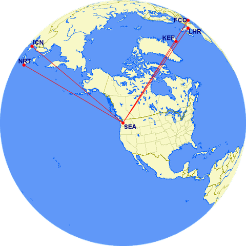 great circle map showing Alaska Airlines announced 787 Dreamliner routes from Seatte to Tokyo, Seoul, Rome and London, as well as 737 MAX8 to Reykjavik

globe image generated by Great Circle Mapper (Karl Swartz) http://www.gcmap.com/mapui?P=sea-nrt%2C+sea-icn%2C+sea-fco%2C+sea-lhr%2C+sea-kef&MS=wls&MP=o&DU=mi