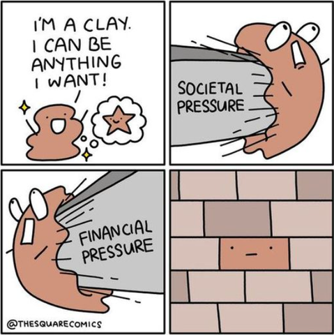 By TheSquareComics
1- I'm a clay. I can be anything I want! (dreams of being a star)
2- punched from the left by "societal pressure"
3- punched from the right by "financial pressure"
4- the "clay" is now a brick, part of a wall...