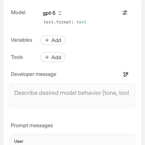 A screenshot of a text input interface for a model, featuring options to add variables and tools, along with a prompt message area for a developer to specify desired behavior.