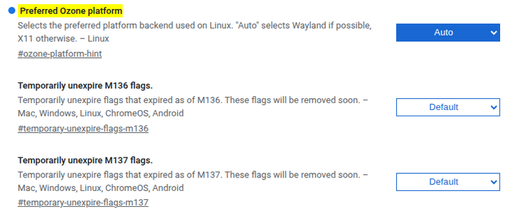 Change #ozone-platform-hint to "auto" to enable Wayland backend (instead of X11)
