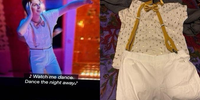 A two-part photo. On the left is a screenshot of Allan dancing in the Barbie movie, and on the right is most of the pieces of the costume laid out on a colorful purple tapestry.

The costume includes a white shirt with gold diamonds on it, gold suspenders, a gold bowtie that will be attached to the front of the shirt, and white pants. All I need to add to the pants are a gold accent around the waistband, some stitching along the front fly, and I'm going to sew marching-band-type stripes down the legs because I have like 100 feet of gold ribbon.