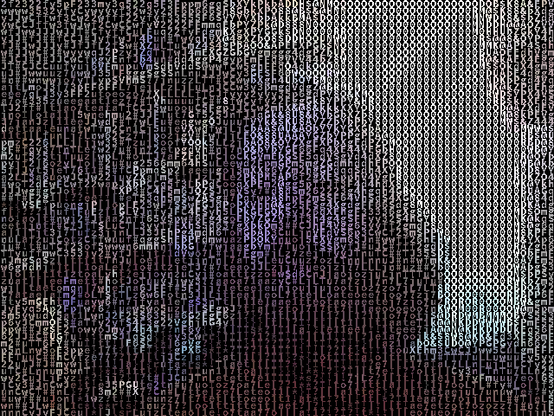 an image made from a frame of my laptop webcam using a grid of colored letters/glyphs