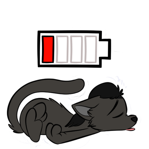 Cartoon cat, exhausted with an empty battery symbol hovering over it.