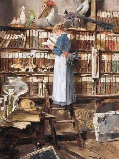 Bildbeschreibung (Deutsch):
Eine Frau im 19.-Jahrhundert-Kleid steht auf einer Holzleiter vor einer Bibliothekswand voller Bücher und naturkundlicher Präparate. Zwischen den Bänden sitzen ausgestopfte Vögel, daneben Gläser mit wissenschaftlichen Objekten und ein menschlicher Schädel. Sie liest konzentriert in einem Buch - ein Sinnbild dafür, dass Bildung und Wissen die Triebe zähmen und den Blick über das spontane, zerstörerische Handeln hinaus erweitern.
Image Description (English):
A woman in 19th-century attire stands on a wooden ladder before a library wall filled with books and natural history specimens. Stuffed birds perch among the volumes, alongside jars containing scientific objects and a human skull. She reads intently from a book-symbolizing how education and knowledge tame human impulses and broaden the view beyond spontaneous, destructive actions.🖖