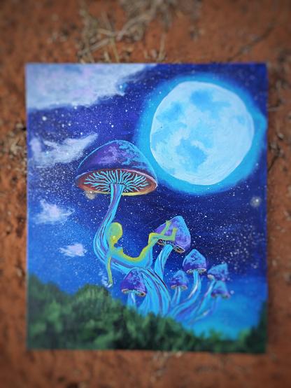 Chapter 2 — The One That Got Away

🌙 One of my very first paintings:
An alien, sprawled across a glowing mushroom, blowing clouds into the cosmic night.

For a long time it lived in my room, a quiet companion to my dreams. Then one night, I took it to a bush party I’d organised — figured it was time it saw the stars outside the canvas.

By morning, it was gone.
I like to think it found a new home with someone who looked at it and thought, “Yeah… that’s my vibe.”
Maybe the alien is still out there, still floating under some other moon.

#PsyArt #AlienVibes #BushParty #LostArt #MalikasRealm