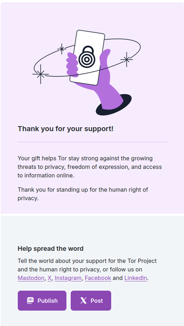 thank you prompt from the Tor project donation page